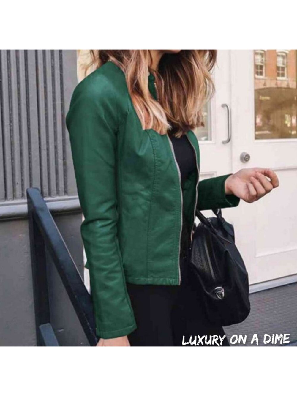 Chic Moto Vegan Leather Lightweight Jacket Zip-up Sleek Snap Mock Neck
